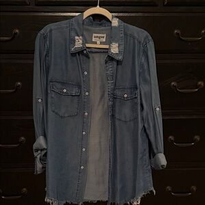 Umgee Washed Blue Distressed Denim Shirt Jacket